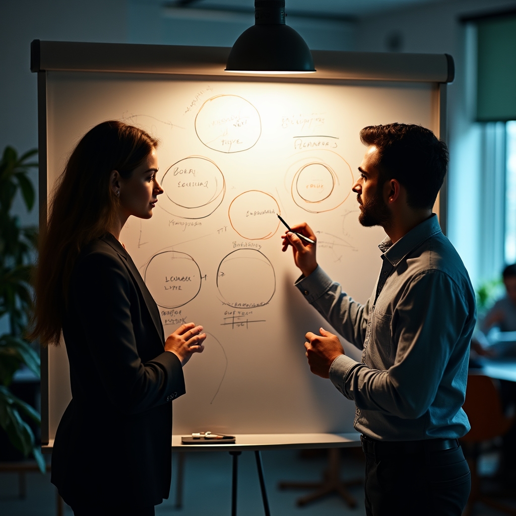 Two people sketching customer segments on a whiteboard during a workshop session