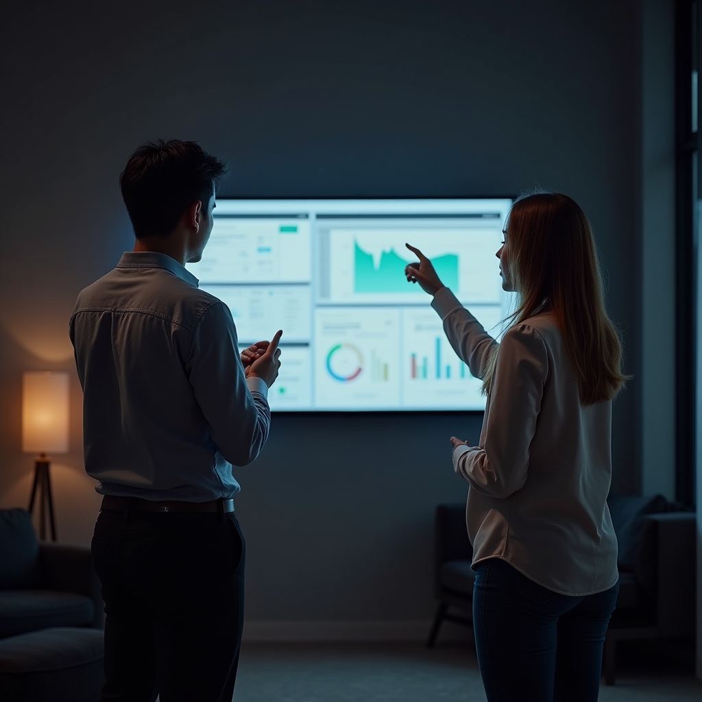 Two colleagues reviewing a store analytics dashboard on a monitor in low light