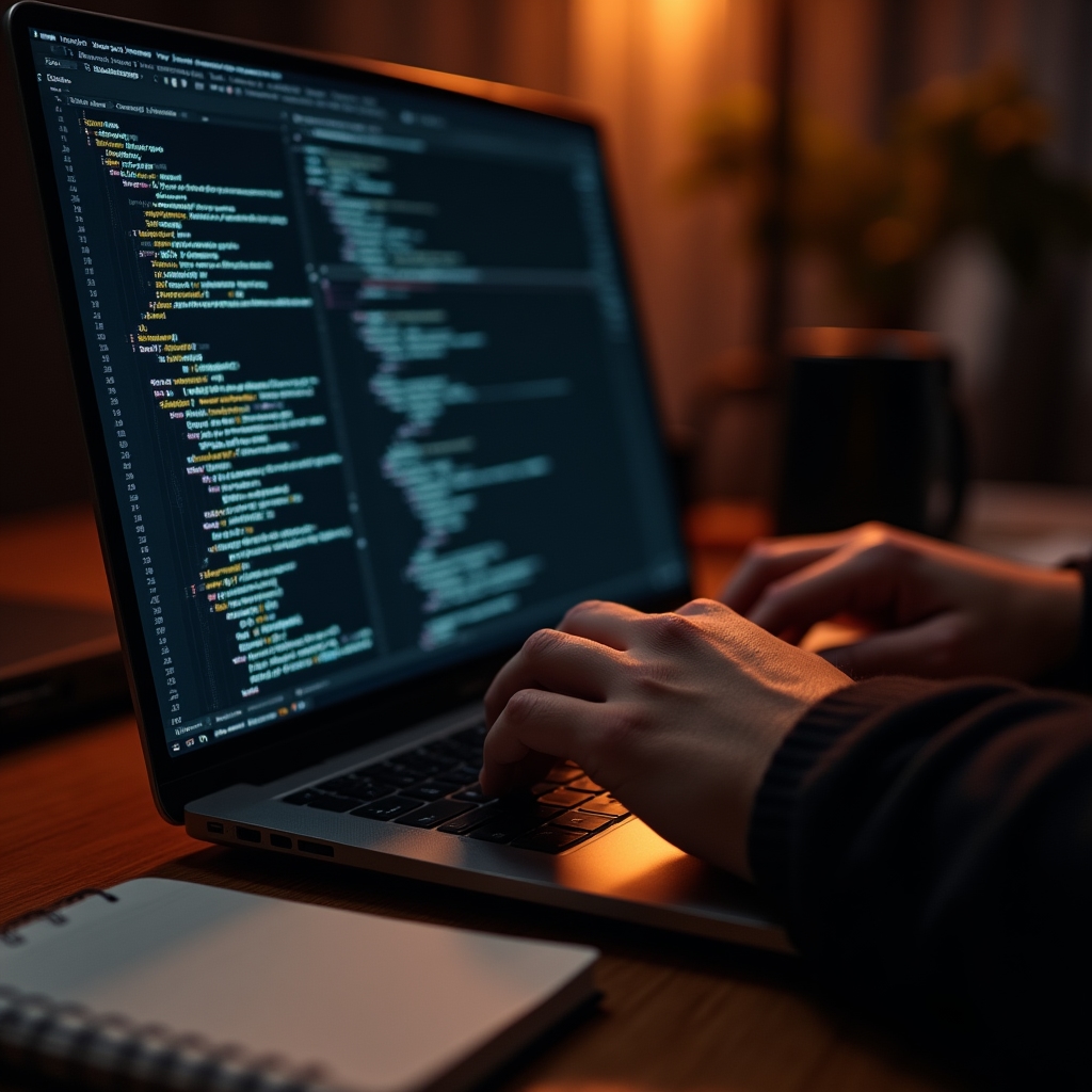 Hands typing tracking configuration code on a laptop beside a notebook of setup steps