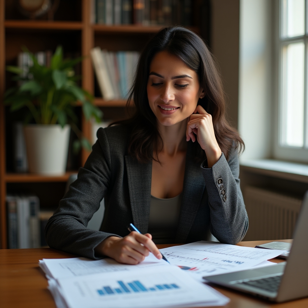 Founder Dana Whitfield seated at a desk reviewing printed analytics reports