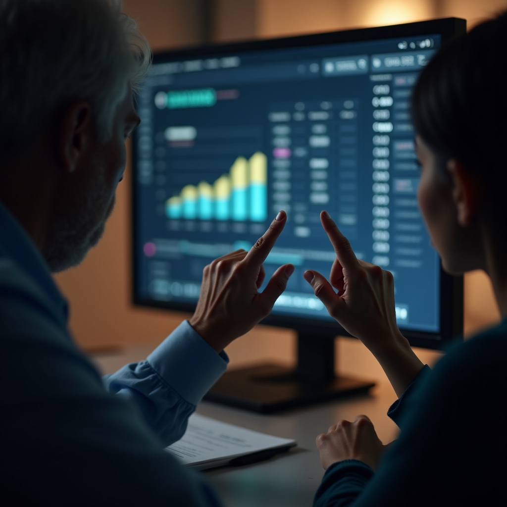 Close-up of hands pointing at a funnel conversion chart displayed on a monitor