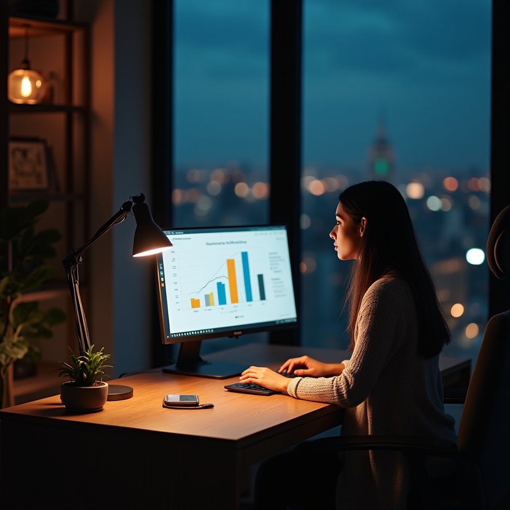 Store owner reviewing an analytics dashboard on a laptop in a dimly lit office