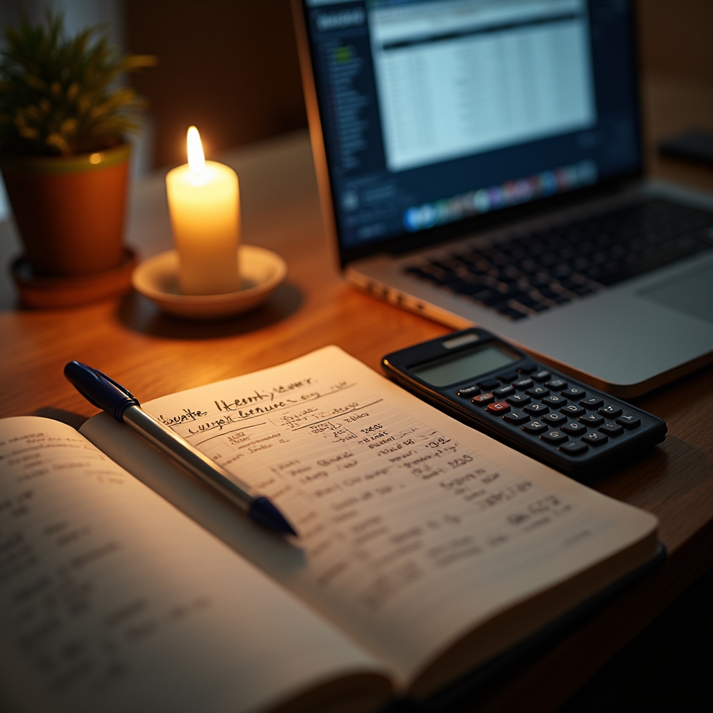 Notebook with handwritten lifetime value calculations beside a calculator and laptop