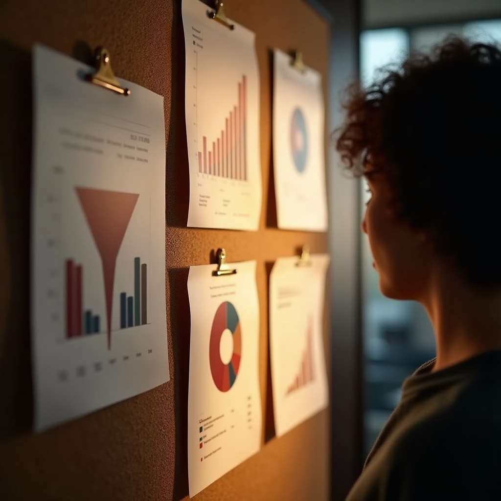 Close-up of printed funnel and segmentation charts pinned to an office wall