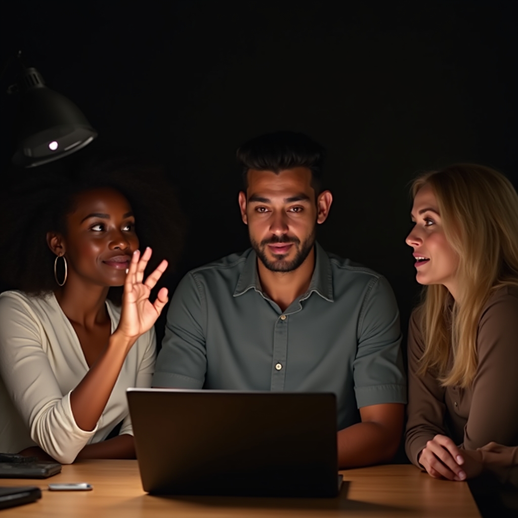 Small group on a video call reviewing a workshop presentation together in a dim room